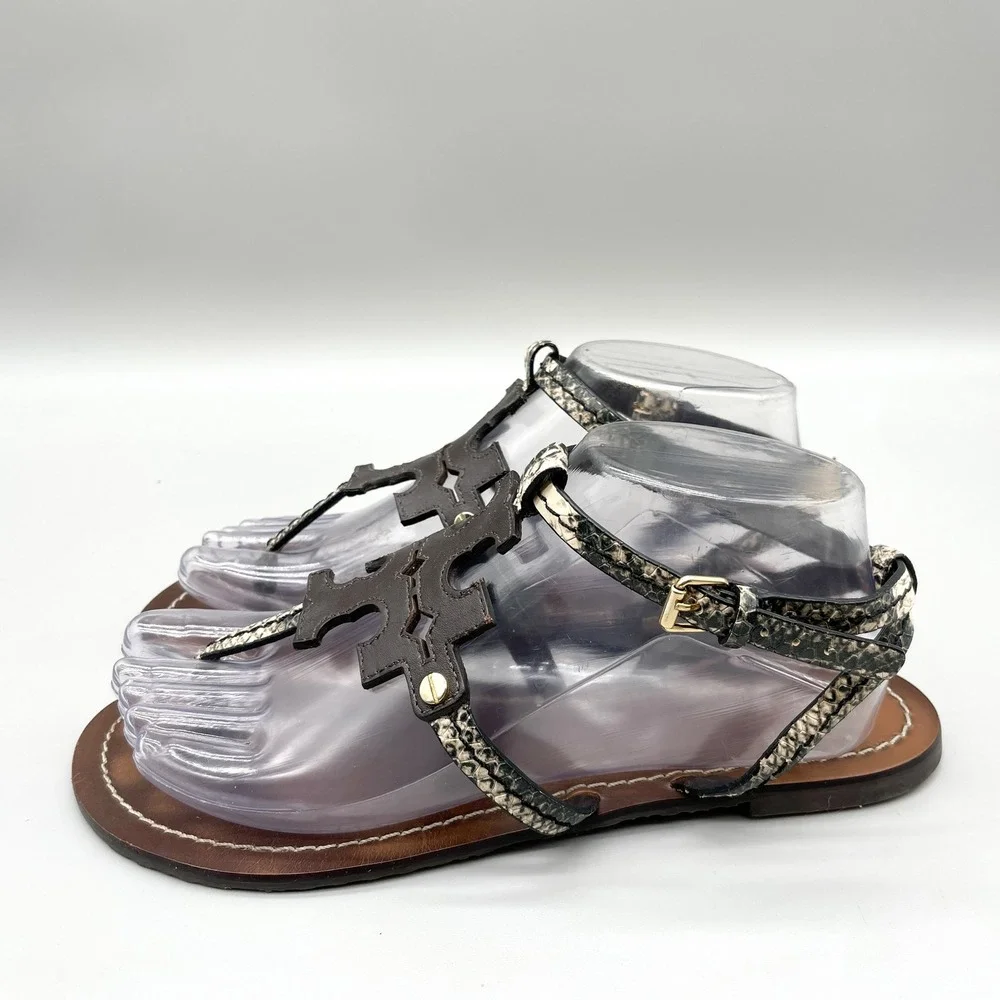 Tory Burch Womens 8M Miller Thong Sandals Brown Snakeskin Leather Flat Preppy